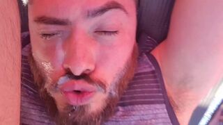 SELF FACIAL CUMSHOT on my camper, Blowing my own plums & prick