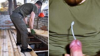 Builder faps off super-hot penis after work! Massive fountain of spunk!