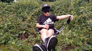 Ultra-cute French-Japanese homosexual lad masturbates off his clean-shaven salami outside blows a load monstrous jizm tucking to his thumbs