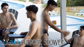 NastyTwinks - Outdoor Bathroom - Jay Angelo Takes Douche When Jordan Haze Joins, Sans a condom Bathroom Tear up