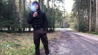 Boy with thick trouser snake masturbating and nutting near the street