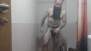 Solo masculine. Bearded & inked hairy man in the douche